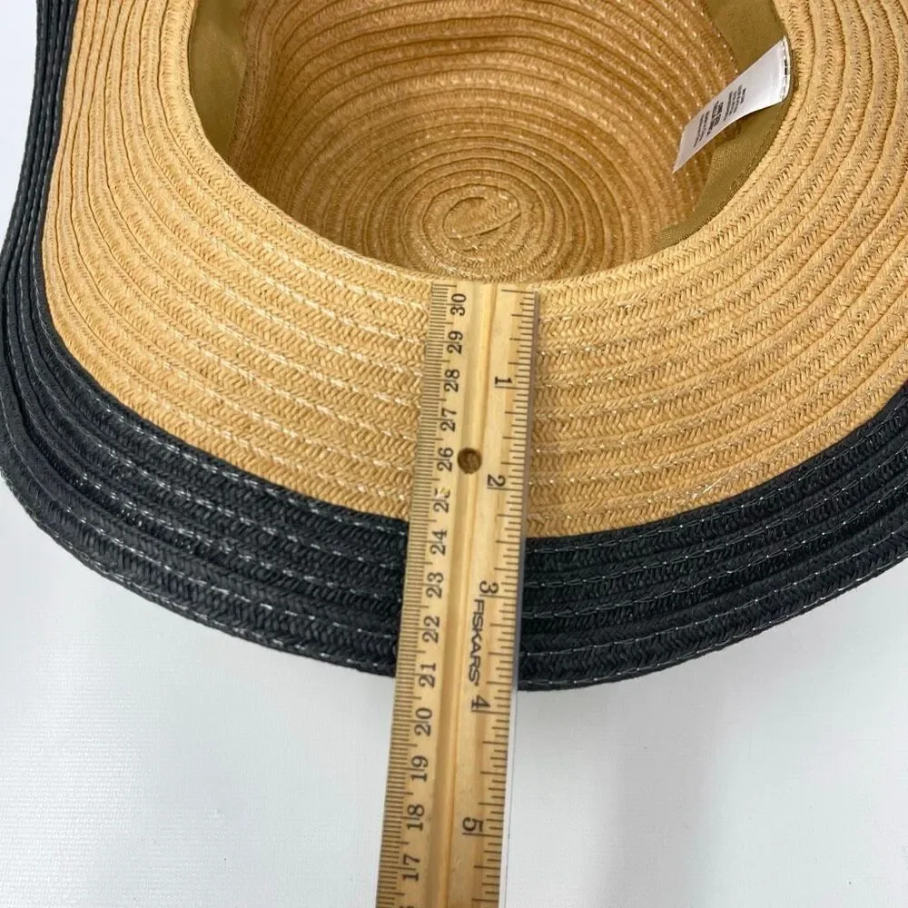 Forever 21 Beige Black Soot Floppy Wide Brim Woven Paper Sun Hat One Size OSFM